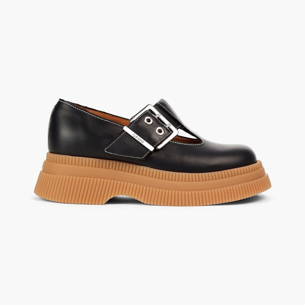 Ganni Black Leather Mary Jane Loafers with Tan Platform Sole